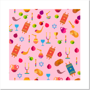 Happy Rosh Hashanah - Shana Tova! Autumn New Year Jewish Holiday Paty. Honey and Apple, Pink Color pattern Posters and Art